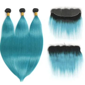 Ombre #1B/Blue Peacock Bundles With Frontal Straight Ombre Blue Human Hair Bundles With Lace Frontal Brazilian Remy Human Hair