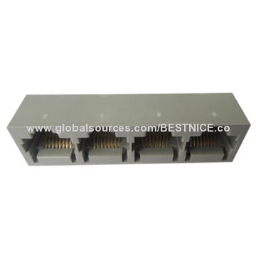 Modular PCB jack, 052 8P 4-port side entry with metal pegs