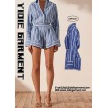 Striped Long Sleeve Drawstring Waist Flared Short Jumpsuits