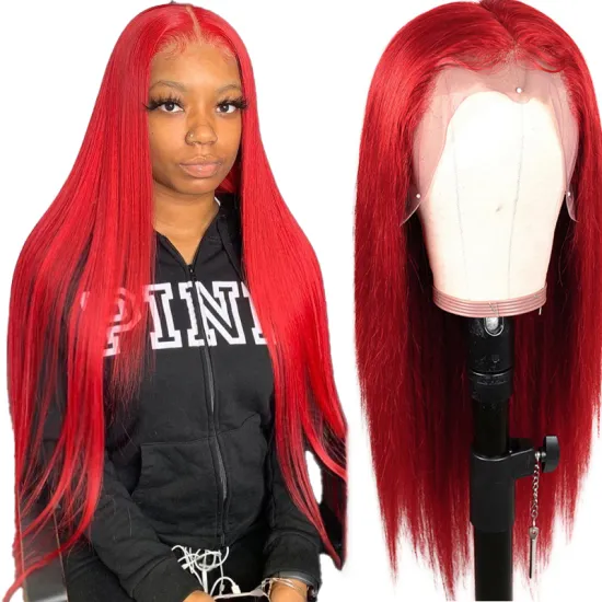 Drop Shipping Red Color Human Virgin Hair Long Straight Lace Front Wig With Baby Hair