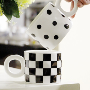 Nordic Black White Ceramic Mug with Geometric Checkerboard Design