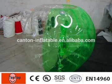 PVC soccer games belly inflatable bumper bubble suit human hamster ball for sale half color transparent green