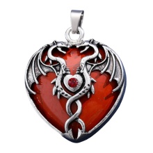 Red Jasper Heart Antique Silver Double Dragon Stone Pendant (32x42mm) for DIY Making Jewelry