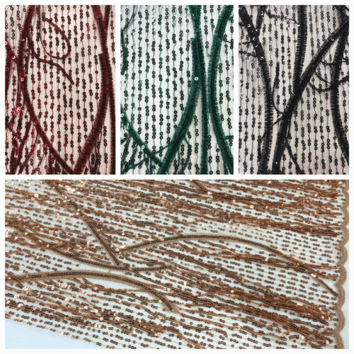 Tissu de broderie de paillettes à franges 3D or poly