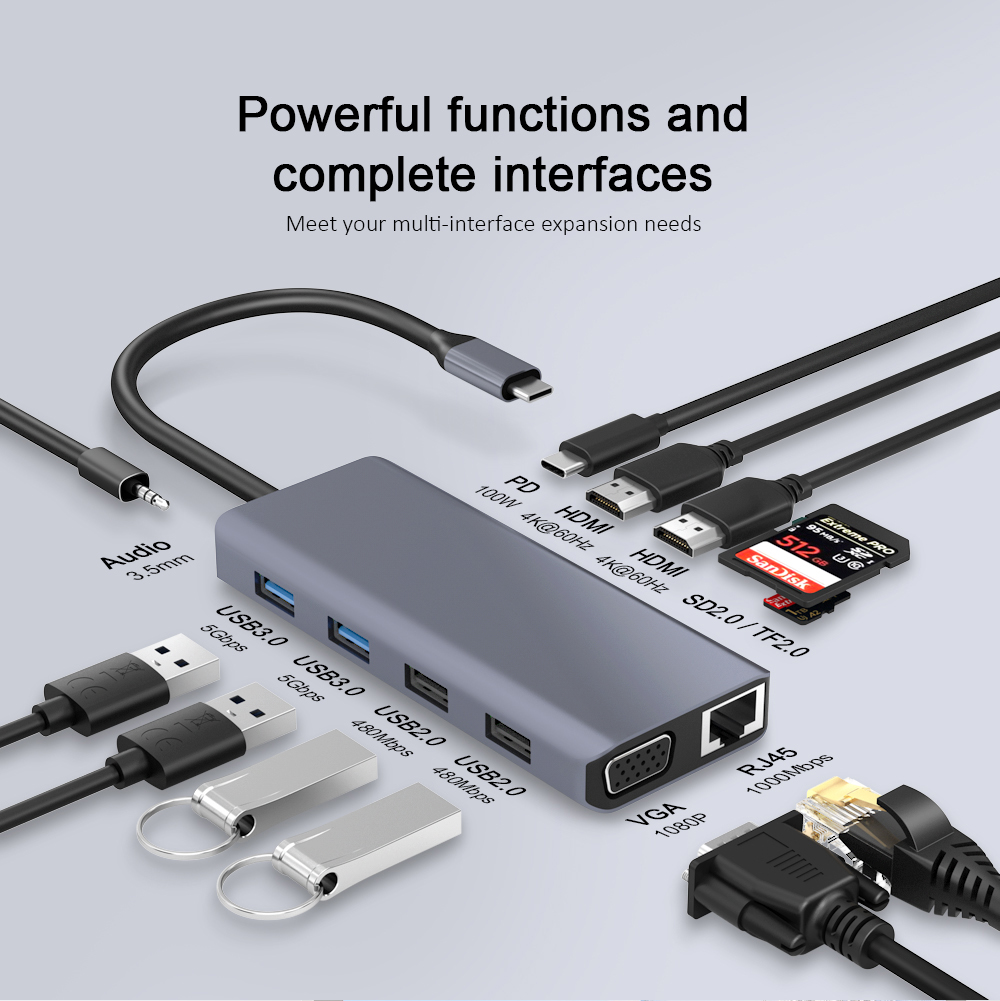 12-in-1 MST USBハブアルミニウムシェルデュアルHDMI+VGA