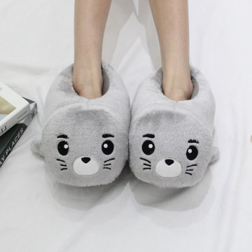 One Size Fits All Autumn Winter Gray Otter Seal Fuzzy Fur Plush Slippers