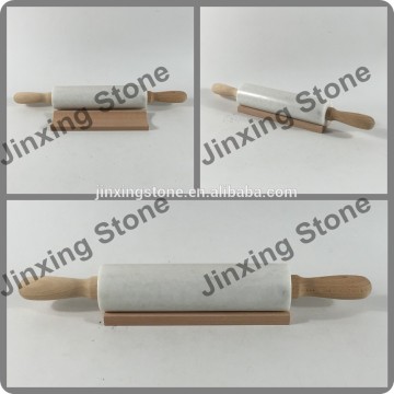 10" White Marble Stone Rolling Pin With Wooden Handle and Wooden Base