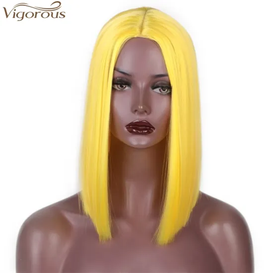 Vigorous Top Quality Short Bob Silky Straight Middle Part Yellow Color Wig Heat Resistant Synthetic Cosplay Wigs For Black Women