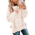 Women Pullover Sweater Turtleneck Plaid Long Sleeve