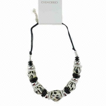 Black and White Leopard Printed Round Beaded Necklace with Black Cord, Matching Bracelet Available