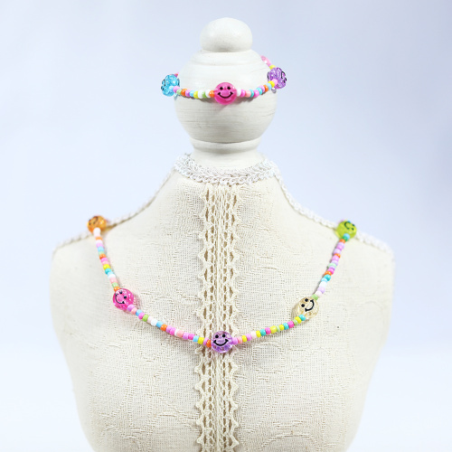 10MM Rainbow Color Transparent Smiley Face Necklace Set