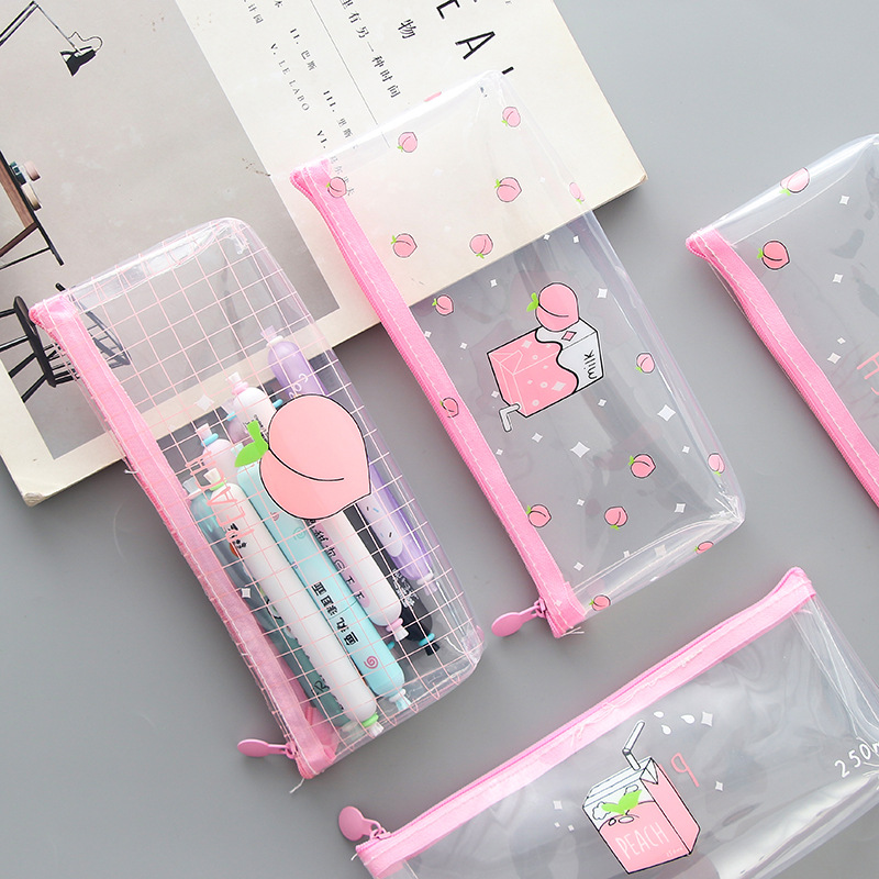 Creative Fresh Peach Pencil Case Transparent Pencil Case Large Capacity Simple Girls Stationery Bag