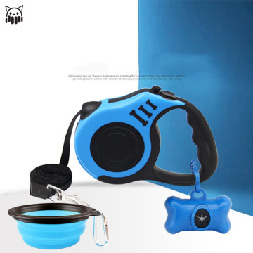 Tali hewan peliharaan yang dapat ditarik set dengan dispenser tas dan mangkuk yang dapat dilipat untuk anjing
