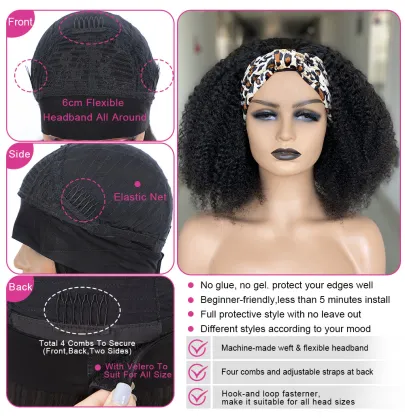 Afro Kinky Curly Wig Silk Headband Wig Human Hair for Women 180% Glueless Wigmy Curly Human Hair Wig Brazilian Hair Half Wig