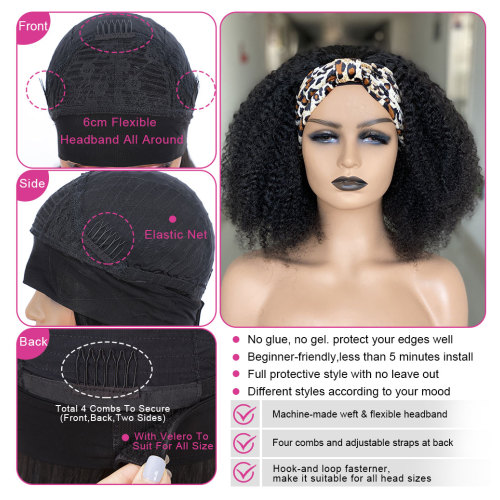 Afro Kinky Curly Wig Silk Headband Wig Human Hair for Women 180% Glueless Wigmy Curly Human Hair Wig Brazilian Hair Half Wig