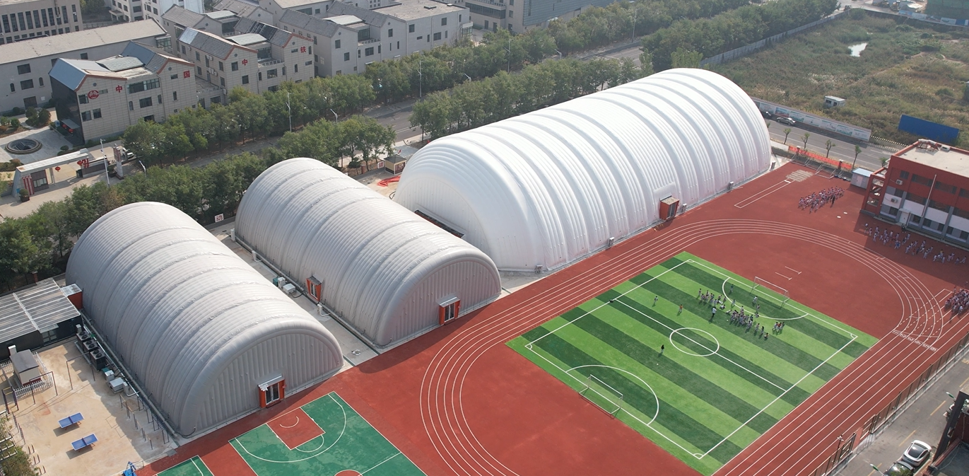 Aerial view of a sports park with inflatable structures