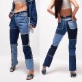 Women Patchwork Jeans Raw Hem Denim Pants