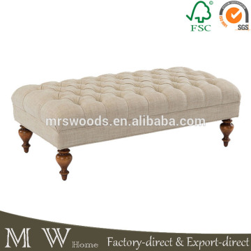 french script vintage style solid oak wood round upholstered button tufted ottoman
