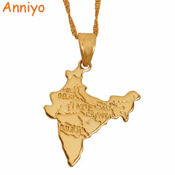 Anniyo The Republic of India Map Pendant Necklaces Chain Indian for Women Girl Gold Color Jewelry Hindu #006510