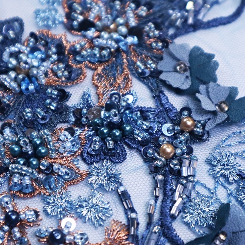 Dark Blue Beaded Floral Embroidery Fabric