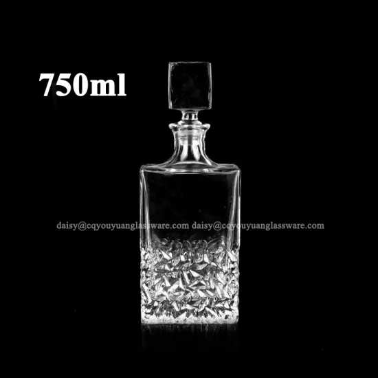 Wholesale embossed 750ml fancy design high-clear glass decanter with lids