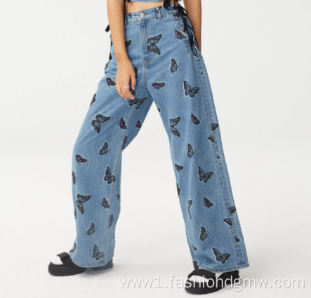 Custom Womens Loose Wide Leg Butterfly Printed Jeans