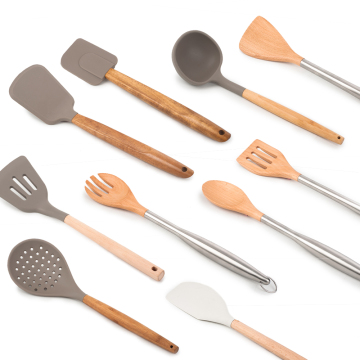 Custom Wooden and Silicone Kitchen Utensils: 10-Piece Set with Customizable Materials and Logos