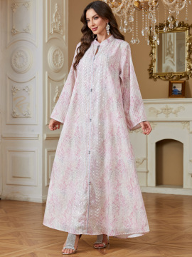 Sequin Abaya Dress with Floral Applique Detail
