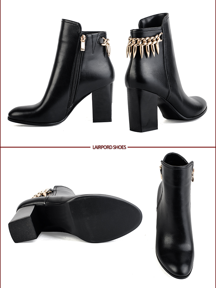 Metal fasteners black leather short ankle boots
