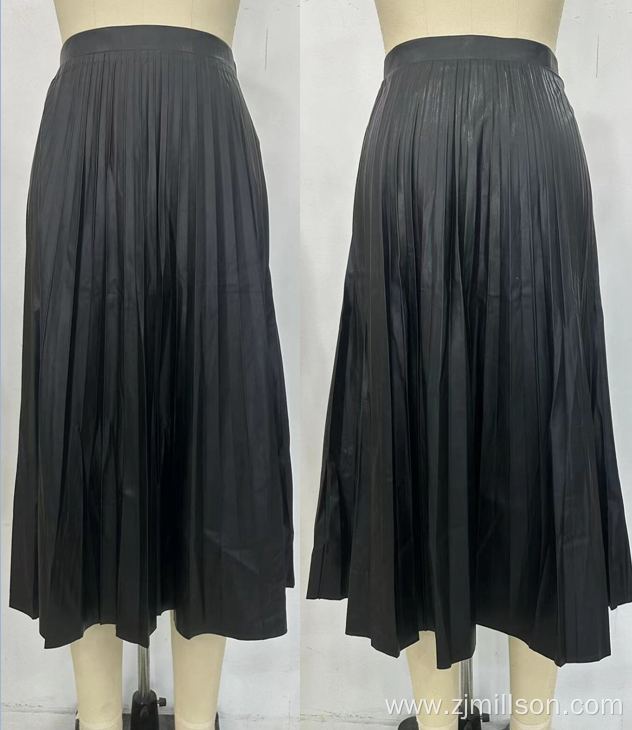 Pure Color Winter Mid Length Leather Pleated Skirts