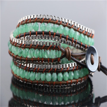Small fragrance handmade square&jade jewelry  fashion leather 3 wrap bracelets