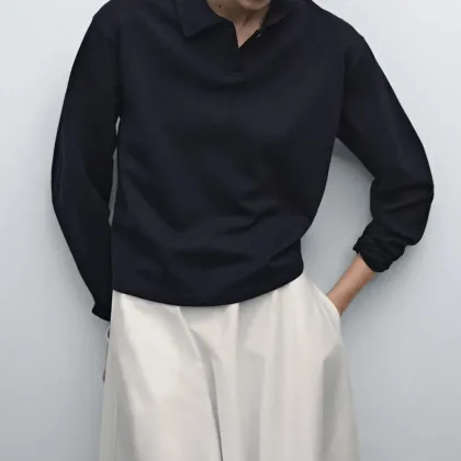 Women's commuting style mercerized cotton polo collar long-sleeved T-shirt