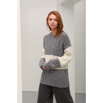 Ronde kraag wit grijze stiksels pure cashmere pullover