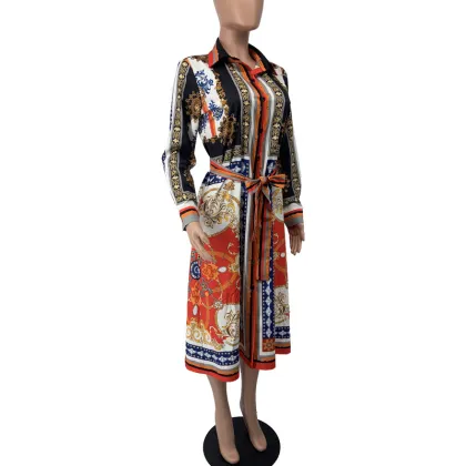 Women's Casual African Long Sleeve Buttons Open Front Belted Long Blouse Shirts Dress Loose Outwear Africa Clothing