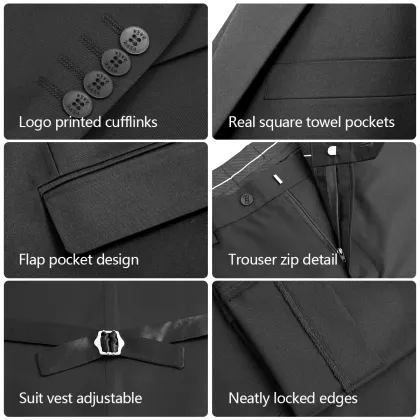 WYWK Men's 3-Piece Suit Banquet Prom Wedding Set-Black-L