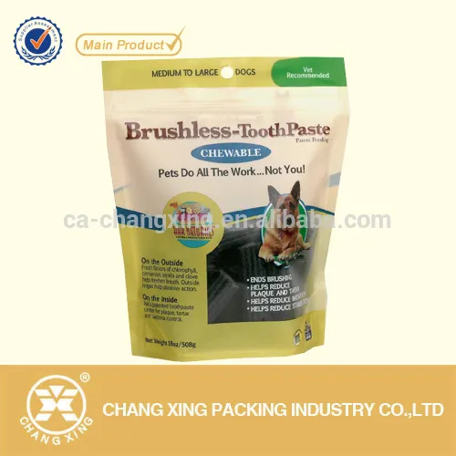 Reclosable plastic zipper dog treats packaging bag with window/ self standing pouch for cat pet food packing