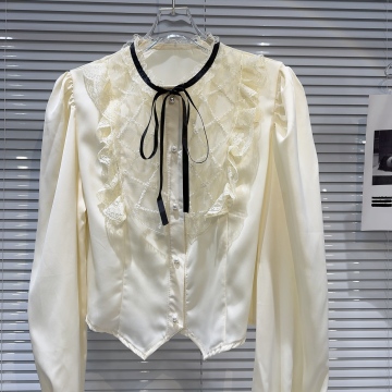LE2052 French Lace Ruffled Bow Tie Sequin Blouse