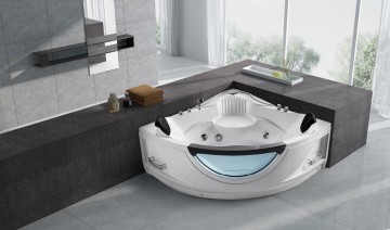 Q319 corner bathtub, clear glass bathtub with whirlpool massage