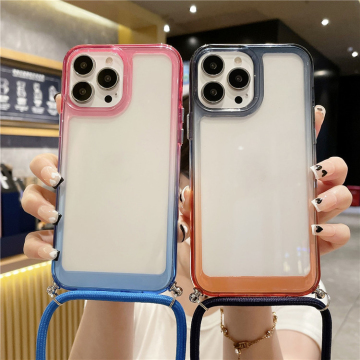 Gradient Rainbow Frame Clear Phone Case with Crossbody Necklace Lanyard for iPhone 16 Pro Max 15 14 13 12 11