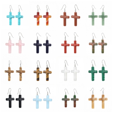 Natural Stone Cross Pendant Earrings Crystal Cross Charm Pendant Dangle Earring with Silver Hook for Women