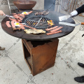 Corten steel fire pit with wooden grill bbq