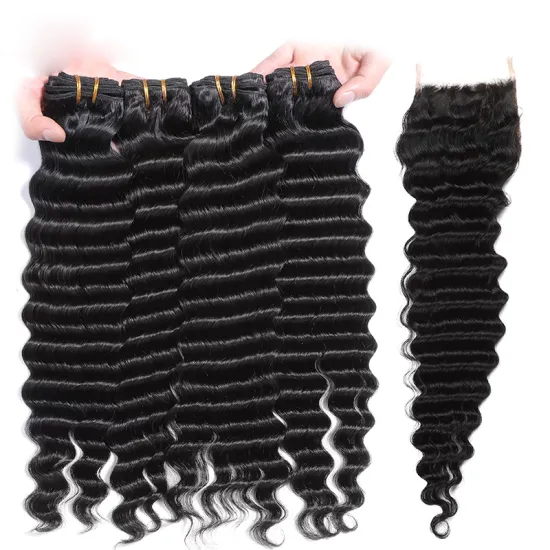 wholesale high quality naturalcolor 4x4" 5x5"transparent lace closure with  deep wave Brazilian Virgin human hair