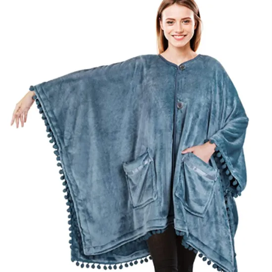 Custom printed plush hoodie blanket adult size soft sherpa throw fleece hooded blanket with pom pom