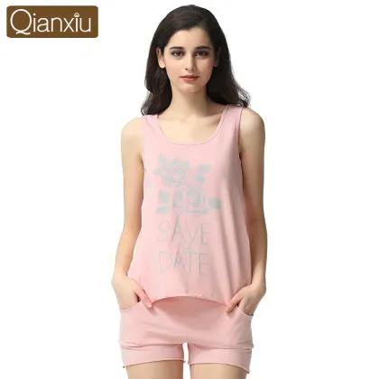 Qianxiu Chinese Brand Summer Knitted Cotton Women Pajamas