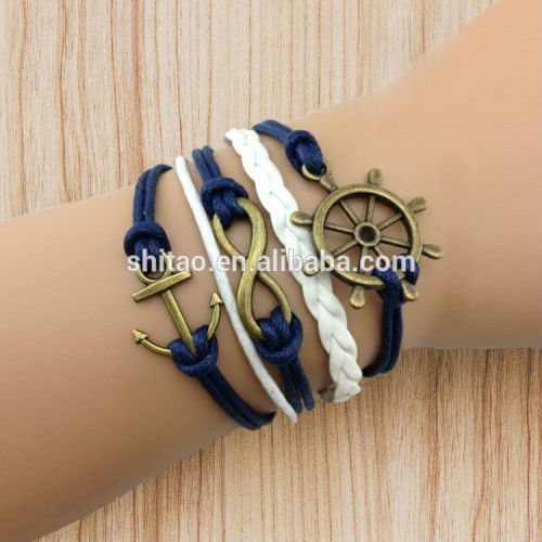 2014 Fashion Infinity Anchor & Rudder in Bronze Wax Cords Leather Bracelet