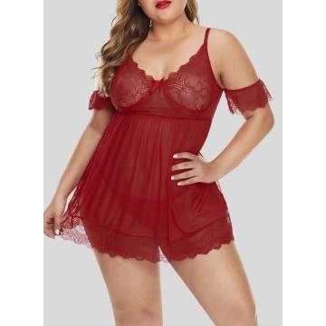 Sexy plus size mesh babydoll string lingerie set