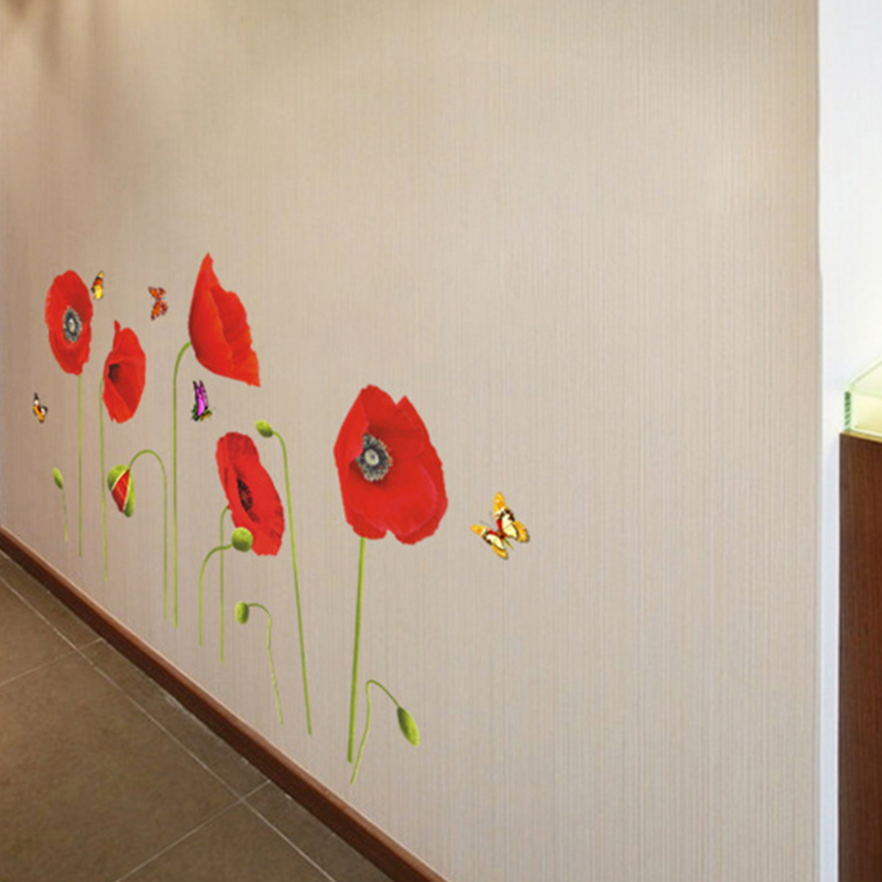 Graphics Wall Sticker PVC Window Ornament Red Poppy Flowers Butterflies ...