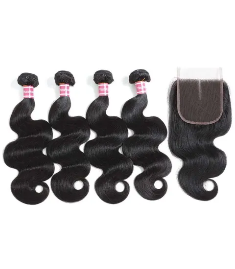 Brazilian Body Wave Hair 4 Bundles with Closure Remy Human Hair Weave Bundles With Closure Natural Color