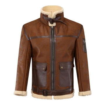 Winter PU Leather Motorcycle Jacket with Zipper and Spliced Stand Collar