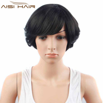 Factory Wholesale Price Short Black Wave Hair , Wigs With Side Bangs , Synthetic Pixie Cut Wigs For Black Women